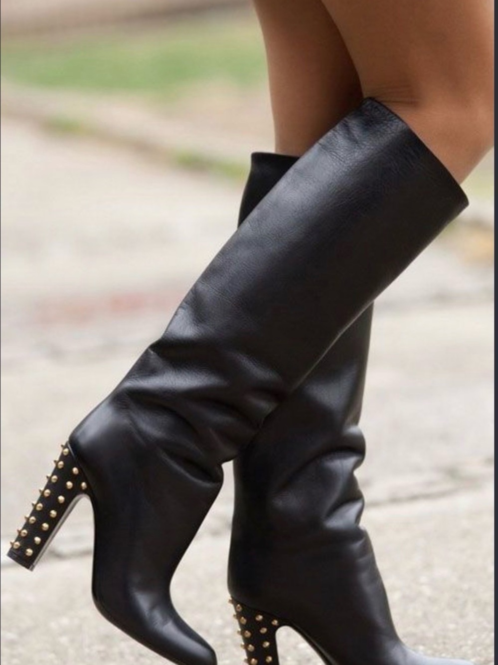 Gucci “Jacqueline “
Black Leather Knee-High Boots with Gold Stud Heel